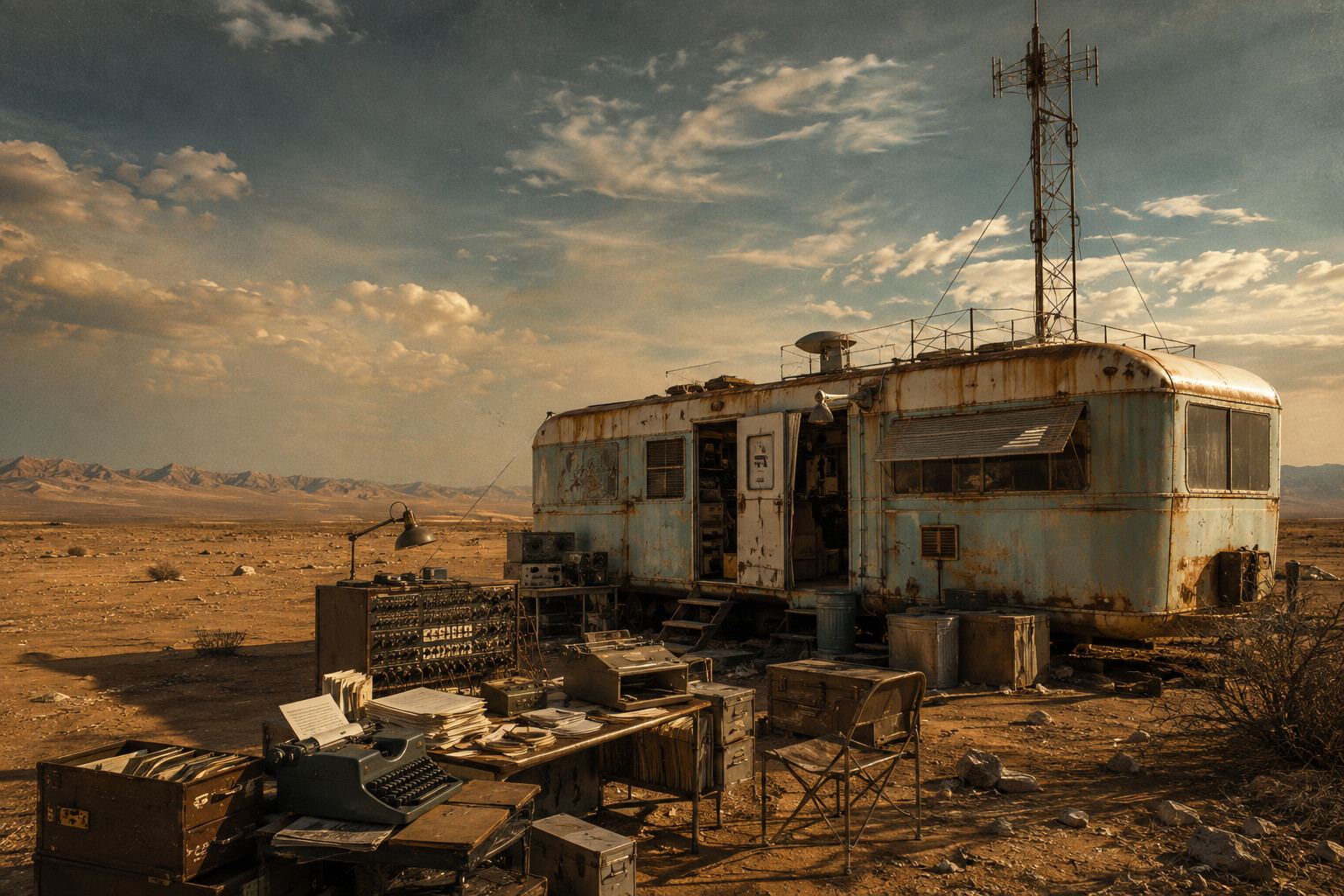 Abandoned 1970s communications camper serving as a desert field newsroom