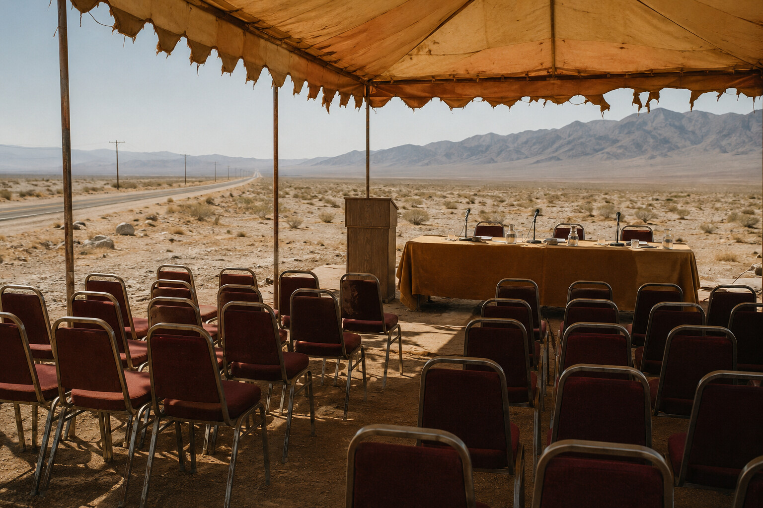 A deserted 1970s conference setup beneath a weathered canopy in the Nevada desert