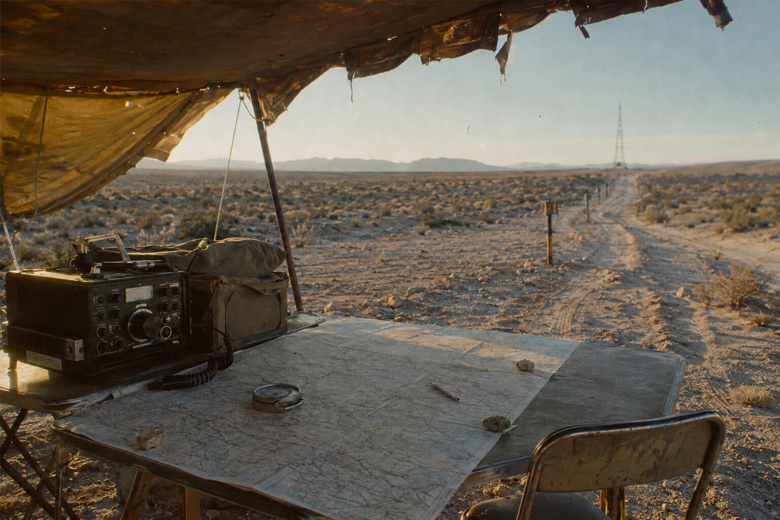 A radio and route map beneath a weathered desert field canopy