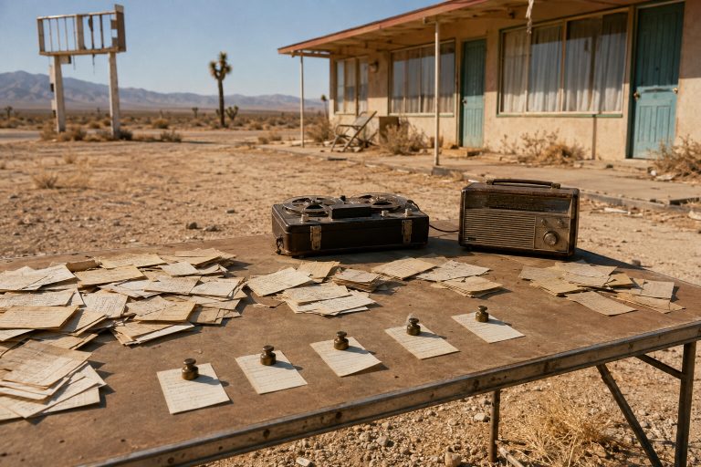 Weathered prompt cards selected on a table outside an abandoned desert motel