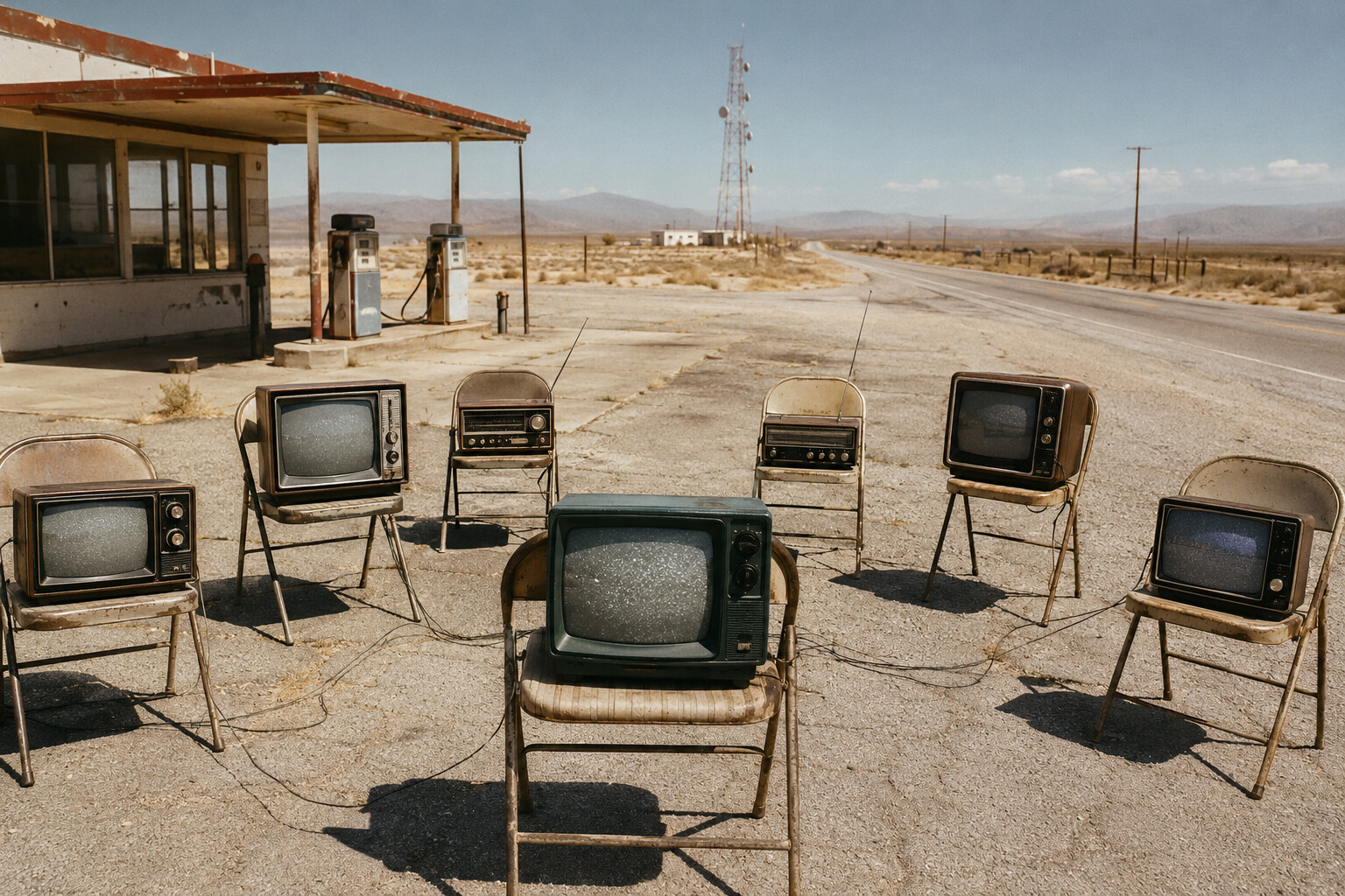 Seven vintage monitors arranged for testing at an abandoned desert gas station