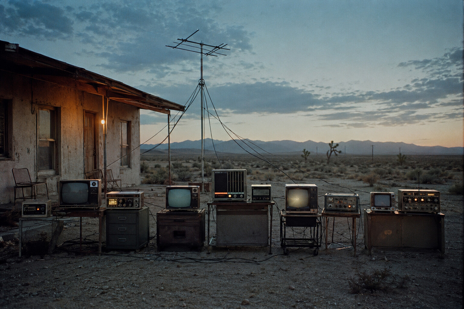 Ten vintage communication devices outside an abandoned desert motel