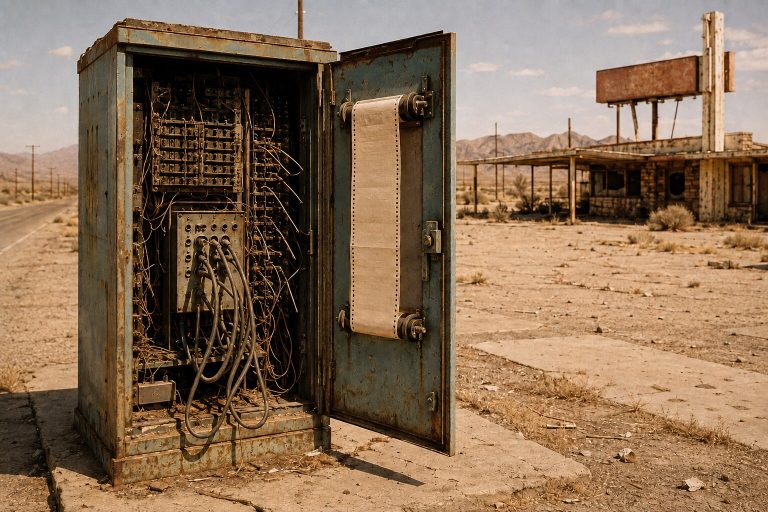 An abandoned desert switching cabinet with most connections severed and a blank teletype confession fixed to its open door.