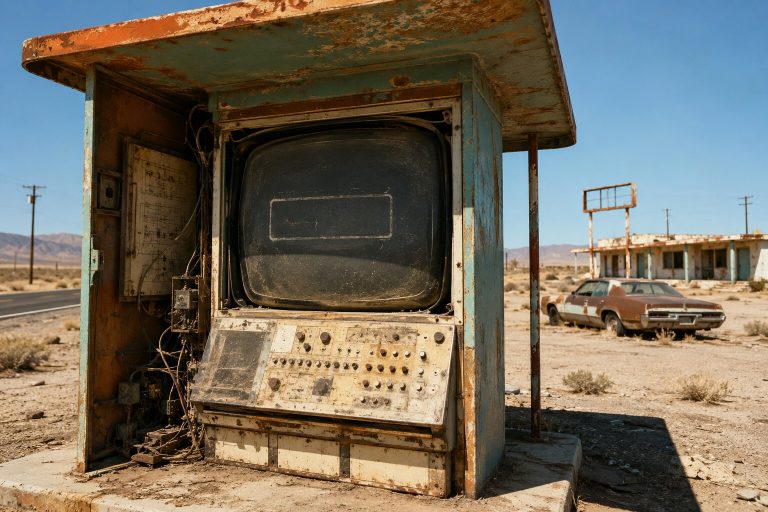 An abandoned 1970s roadside computer kiosk with a painted fake button and mismatched mechanical controls, symbolizing a website whose visual interface does not match its machine-readable structure.