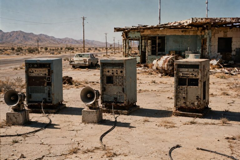 Three abandoned 1970s computer cabinets in the desert, with loudspeakers connected to two machines while the third remains silent.