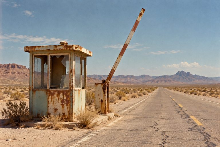 A rusted abandoned inspection booth stands beside an empty desert road, symbolising the checks an AI-ready page must pass.