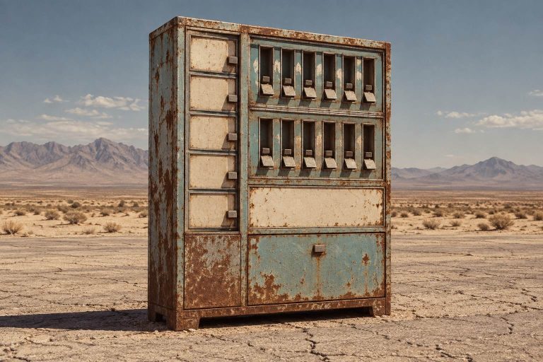 A rusted compartmented selector cabinet stands abandoned on cracked desert asphalt.