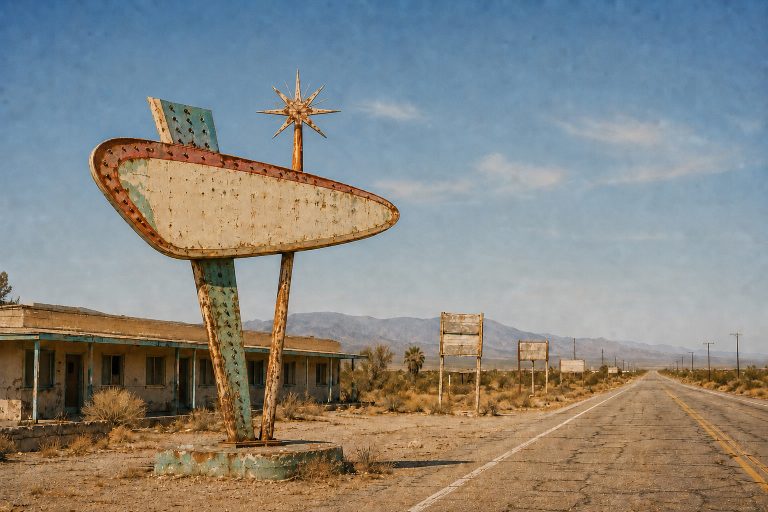 A weathered mid-century motel sign beside an abandoned desert highway.