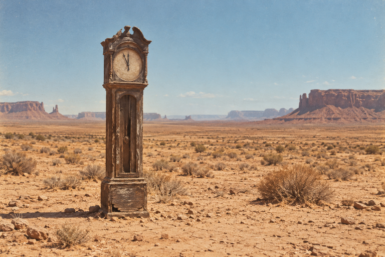 A weathered antique grandfather clock standing alone in a sun-scorched desert, its hands approaching midnight.