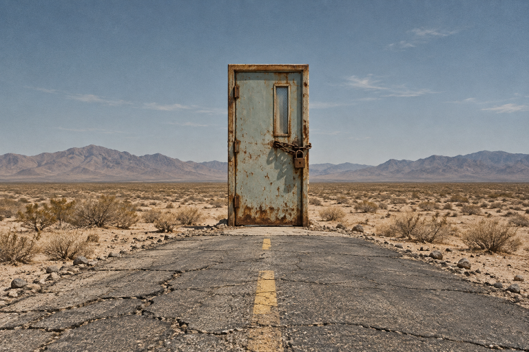 A chained rusted doorway standing on an abandoned desert road.
