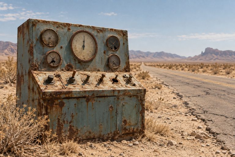 A rusted analog experiment console abandoned beside an empty desert highway.